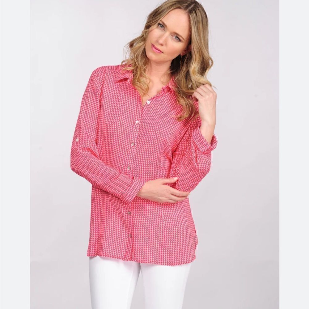 NWT Tina Stephens Joni Blouse Top Triangle Coral M Button Down Roll Tab Sleeve